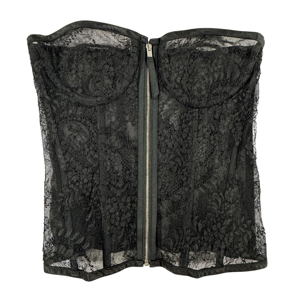 Vintage Saint Laurent Paris Black Floral Lace Zip Front Corset Bustier Top Y2K